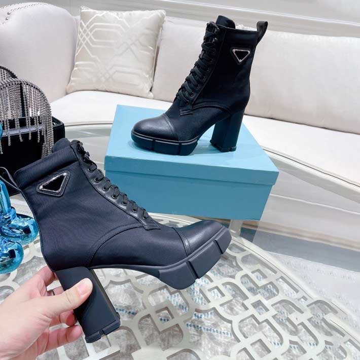 

designer plaque boots lace up ankle boot 9 5cm women black leather combat boots high heel winter boot quality with box