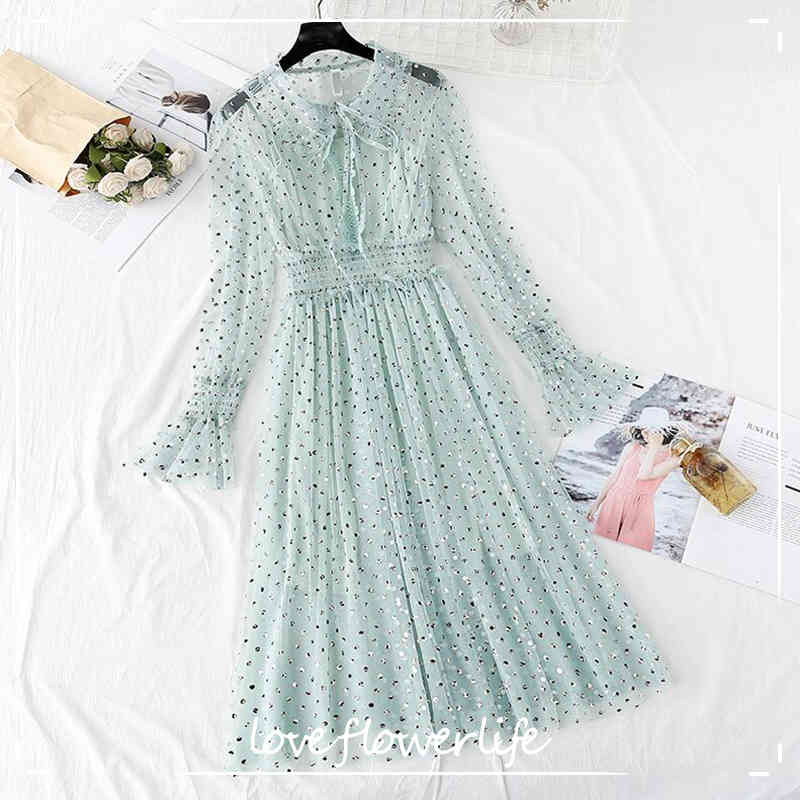 

Polka Dot Print Women Dress 2-piece Set Spring Summer Vintage Sweet Mesh Dresses Long Sleeve Party Dress Robe Femme Vestido 210521, Apricot