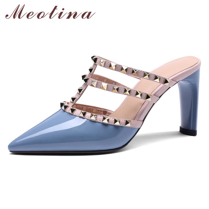 

Slippers Meotina Summer Mules Shoes Women Natural Genuine Leather Strange Style High Heels Rivets Cutout Party 33-43, Black