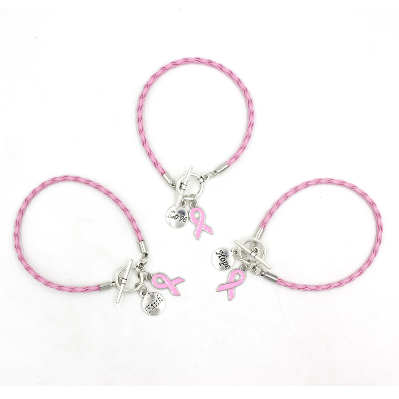 

New Arrival PU Leather Rope Pink Ribbon Faith Hope Breast Cancer Bracelets Bangles For Women Awareness Jewelry Pulsera