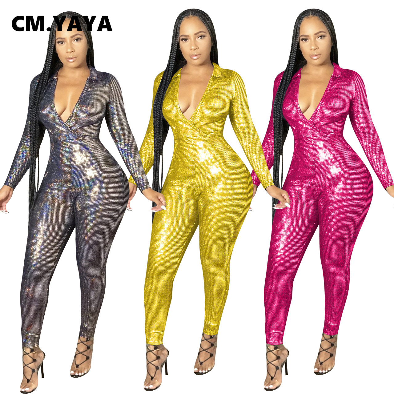 

CM.YAYA Autumn Gilding Bodycon Deep V-neck Long Sleeve Jumpsuit Women Sexy Club Bodycon Night Party Rompers One Piece Overalls, Rose red
