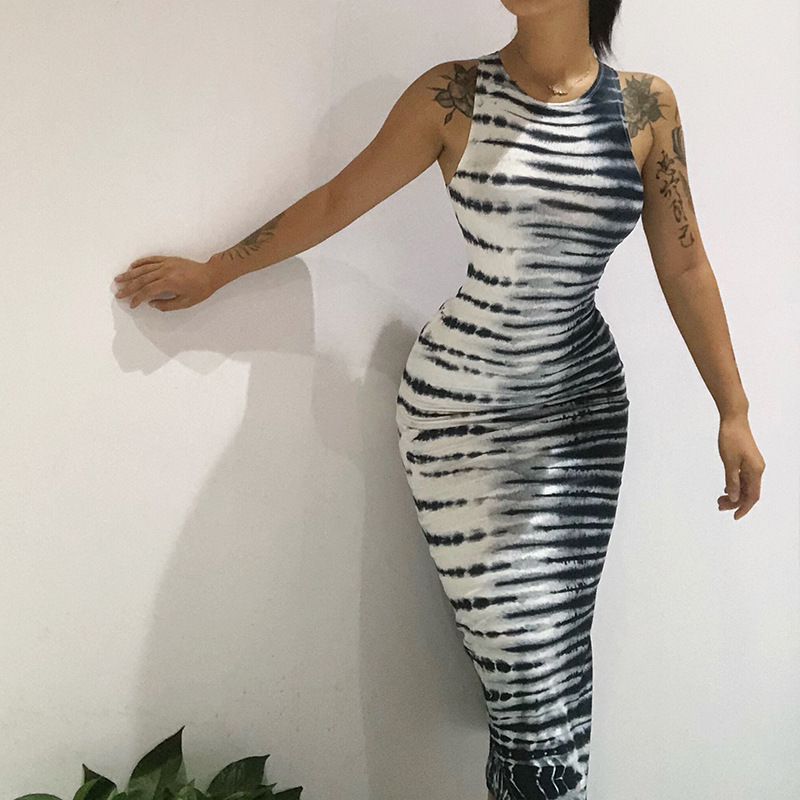 

High Street Maxi Dress Women Aesthetic Elegant Striped Tie Dye Print Robe Sleeveless O-Neck Simple Silm Female Streetwear(The logistics pric, Black;gray