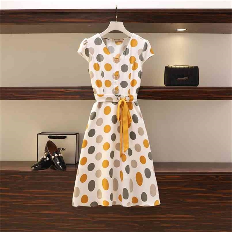 

Colorful Dot Printted Dress Women Summer Fashion V-neck Short Sleeve Single-breasted Sashes Plus SIze Vestidos 210602, White