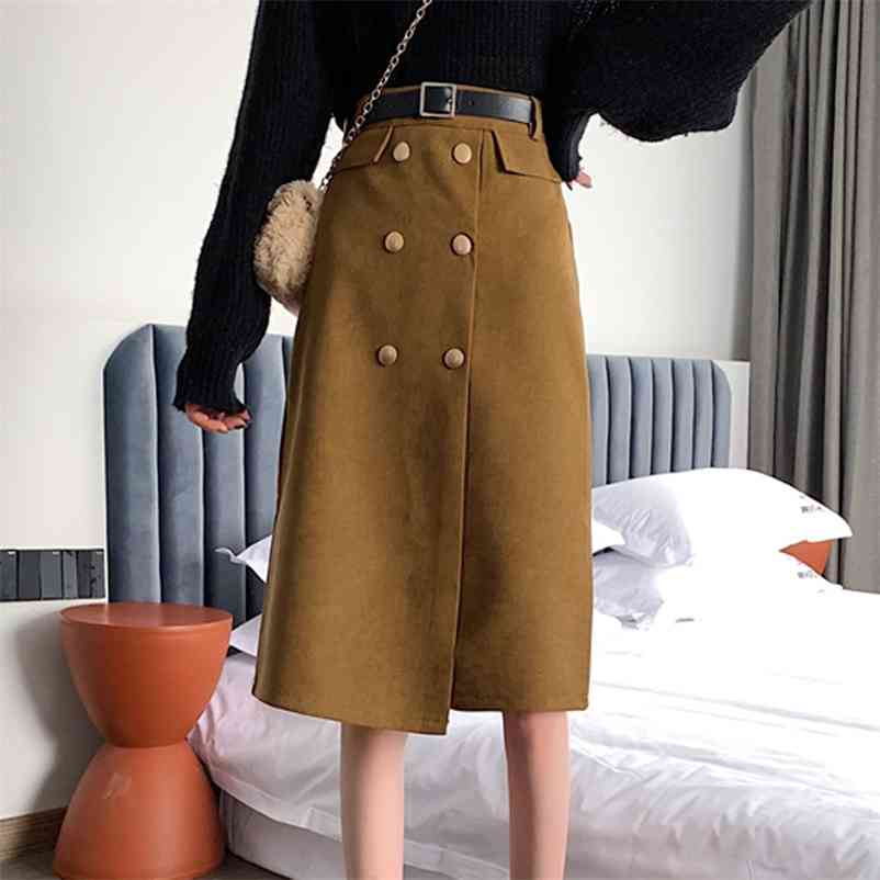 

High Waist Belted Woolen Skirts for Women Winter Vintage Thicken Double-breasted Casual Streetwear A-line 210519, Black