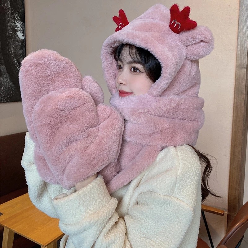

Luxury Thick Animal Christmas Gift Winter Hat Scarf Set with Gloves Plush Warm Cashmere Foulard Bufanda Women Hooded Scarves, Mixed color