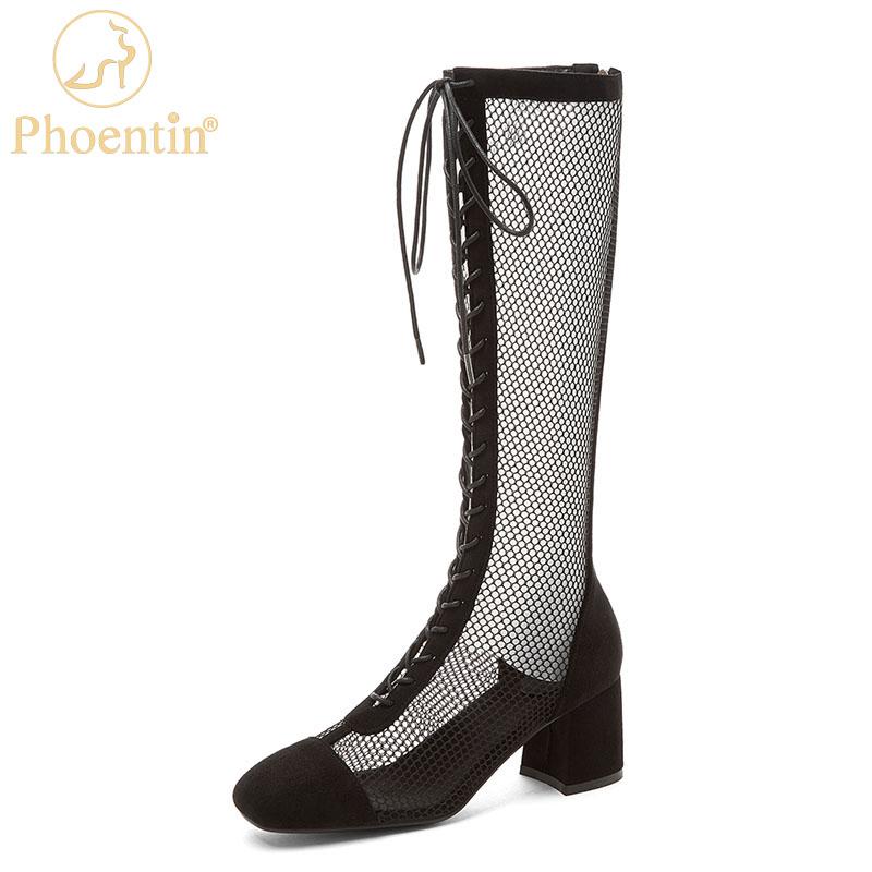 

Boots Phoentin Korean Style Knee High Summer Mesh 2021 Woman Long Back Zip Fashion Heel Shoes Large Size Balck FT1555, Black