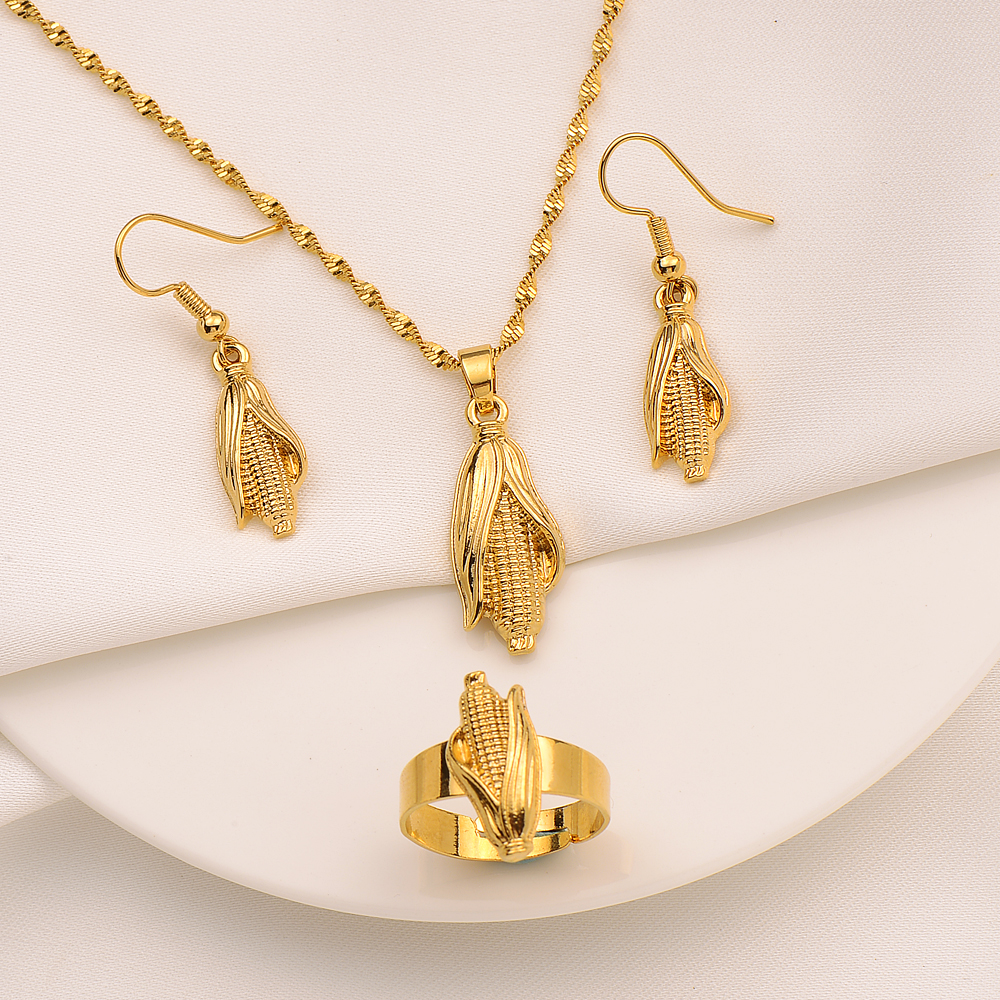 Fashion Retro Corn Pendant Necklace Earrings 18k Fine Gold GF Charm Sets FINELY WORKED, BRIGHT MADE ITALY Jewelry New-image-735221776