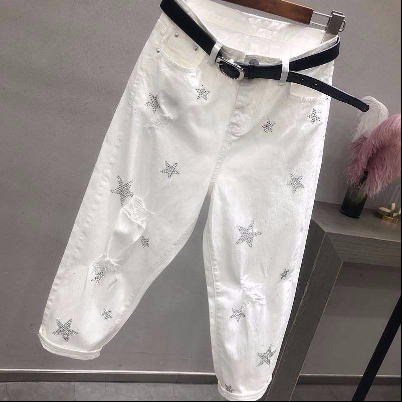 

spring womens jean autumn korea fashion women white jeans high waist vintage hole loose denim pants casual ankle length harem, Blue
