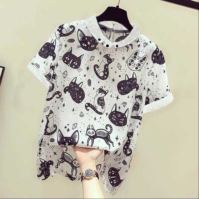

cartoon cat print work women blouses office chiffon short sleeve leisure white blouse casual blusas femininas