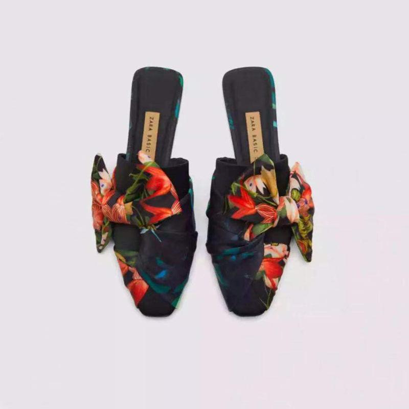 

Summer Bow Casual Flat Sandals Women's Shoes Flower Printing Slippers, Black