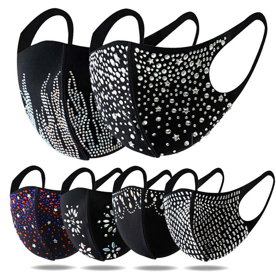 

2021 Sequin face mask designer Rhinestone bling Cotton mouth masks for men women classic black dustproof Haze anti dust facemask in stock