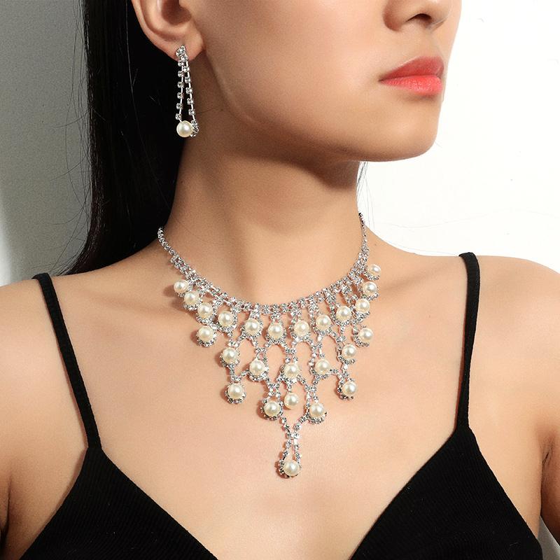 

Earrings & Necklace Fashion Bride Wedding Accessories Jewelry Sets Imitation Pearls Rhinestones Pendants Choker Collar Drop, As pic