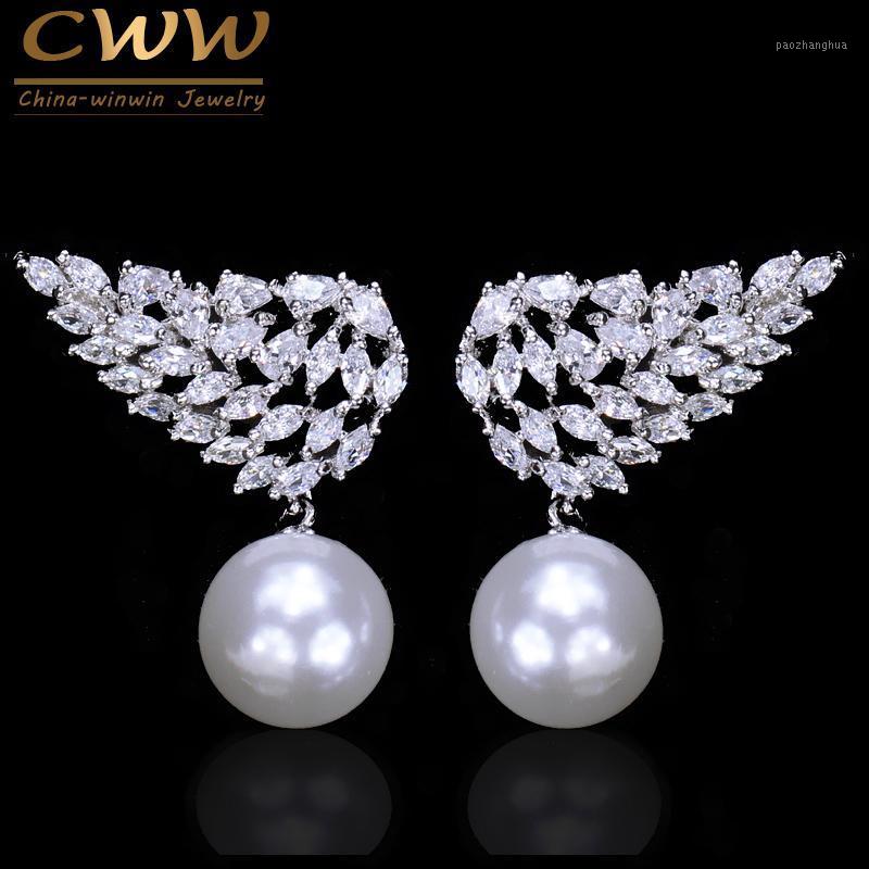 

Dangle & Chandelier CWWZircons Fashion Ladies Jewelry Accessories Silver Color Feather Wing CZ Zirconia Stones Pearl Drop Earrings For Women