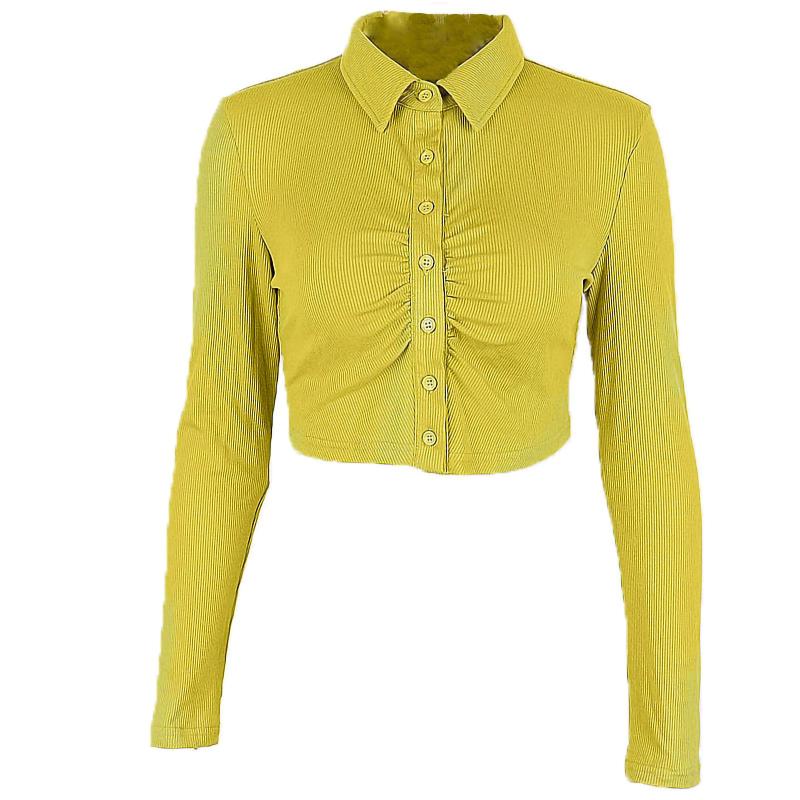

Women's T-Shirt Women Clothing Polyester Crop Tops Lapel Neck Solid Color Long Sleeve Rib Surface Pleated Chest Button Shirts, White