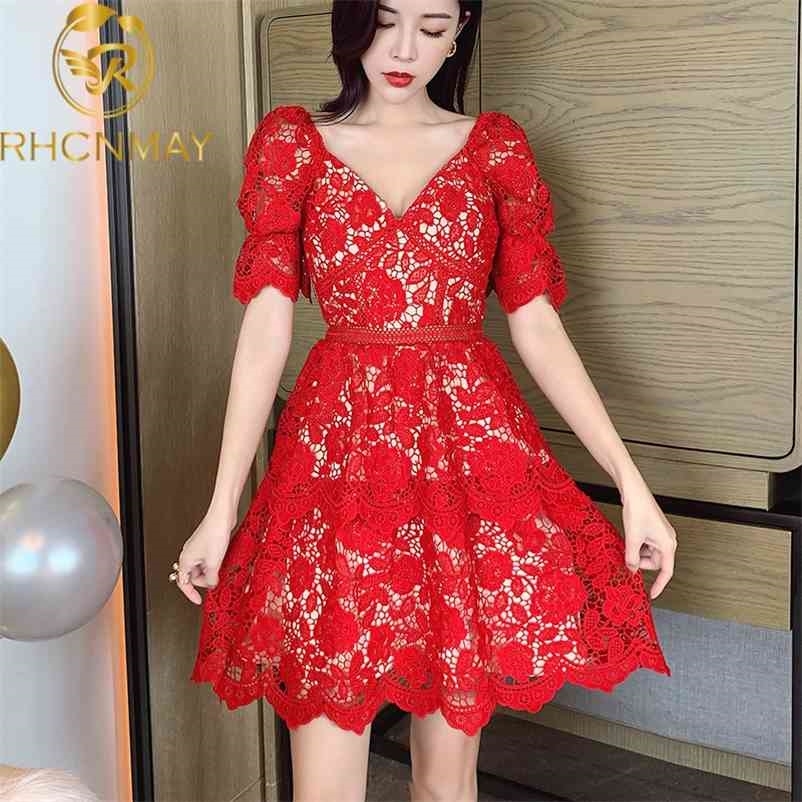 

Summer Self Portrait Lace Dress Women Sexy hollow Out Crochet Puff Sleeve High Waist Blackless Two Layer Cake Mini 210520, Red