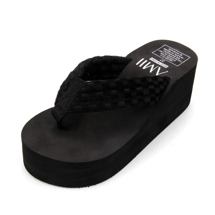 

Slippers Leisure Concise Women Platform Flip Flops Wedges High Solid Outdoor Riband Casual Ladies Shoes, Black