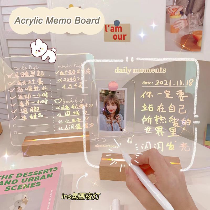 

Card Holders Daily Note Board Message Memo With Wood Stand Holder Transparent Acrylic USB LED Lamp Writing Pad Reminder Planner, Daily mements
