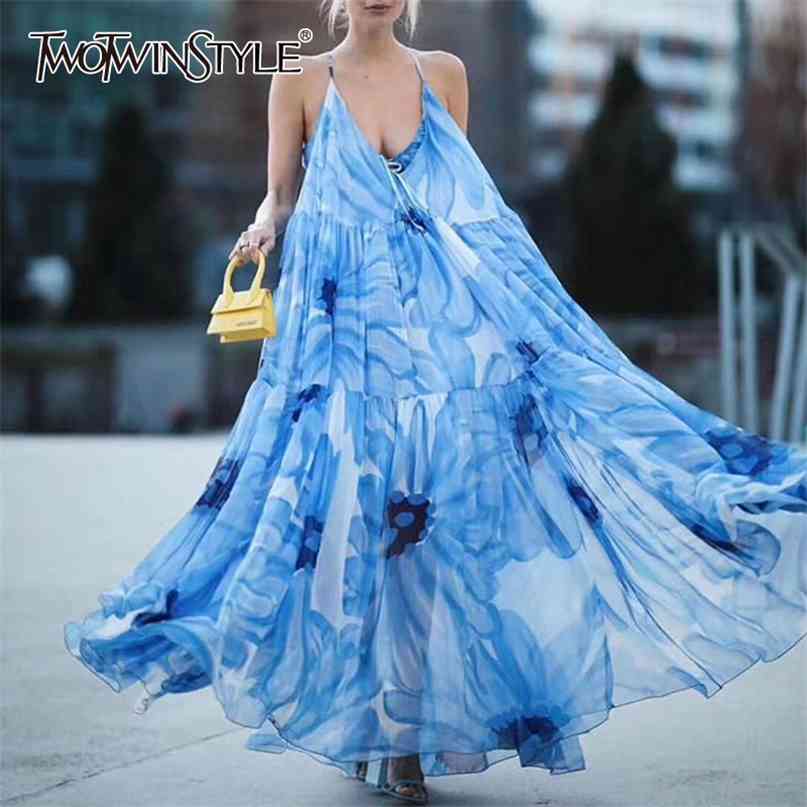 

Elegant Print Loose Women Dress O Neck Sleeveless Spaghetti Strap High Waist Hit Color Ruched Midi Dresses Female 210520, Blue