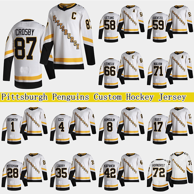 

87 Sidney Crosby Custom Pittsburgh Penguins 2021 Reverse Retro Jersey 66 Mario Lemieux 71 Evgeni Malkin 58 Letang 59 Jake Guentzel Hockey Jerseys, Reverse retro white