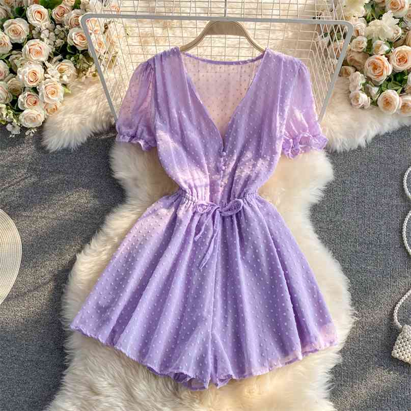 

Summer Women Playsuit Polka Dot See Through Thin Beach Rompers Sexy V-neck Short Sleeve Drawstring Sash Slim Waist Overalls 210603, Pink
