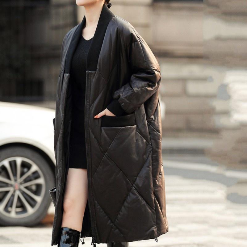 

Women's Leather & Faux Women Winter Genuine Down Coat Street 100% Real Sheepskin Bomber Jacket Fashion Casual V Neck Loose Fit Female Overco, Black