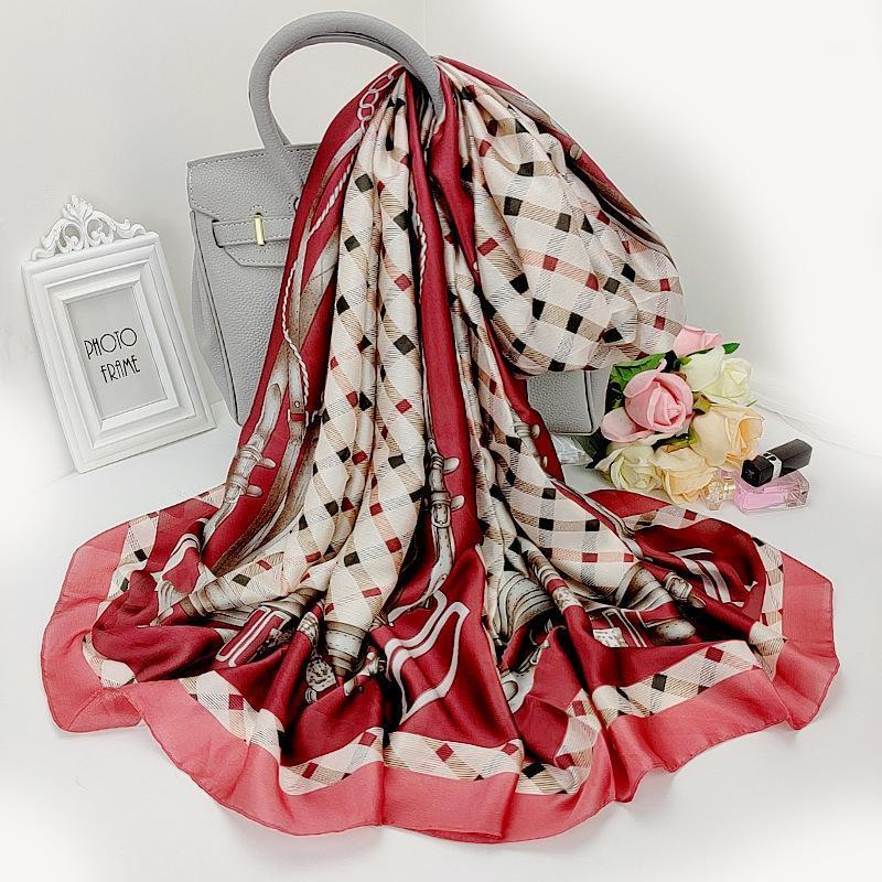 

Scarves 2021 Korean Style Sunscreen Print Silk Fashion High-Grade Lattice Beach Towel Summer 180X90CM Bandana Dustproof Shawl, Blue;gray