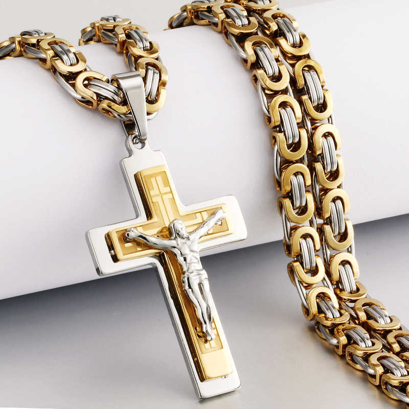 

Religious Men StainlSteel Crucifix Cross Pendant Necklace Heavy Byzantine Chain Necklaces Jesus Christ Holy Jewelry Gifts X0707