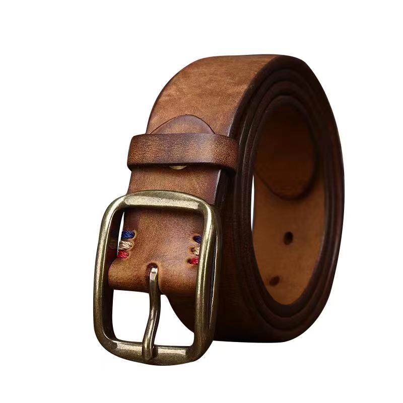 

Belts Amekaji Overalls with Vintage Handmade Mens First Layer Pure Cattlehide Brass Buckle Jeans Leather Belt No. 2, Gold