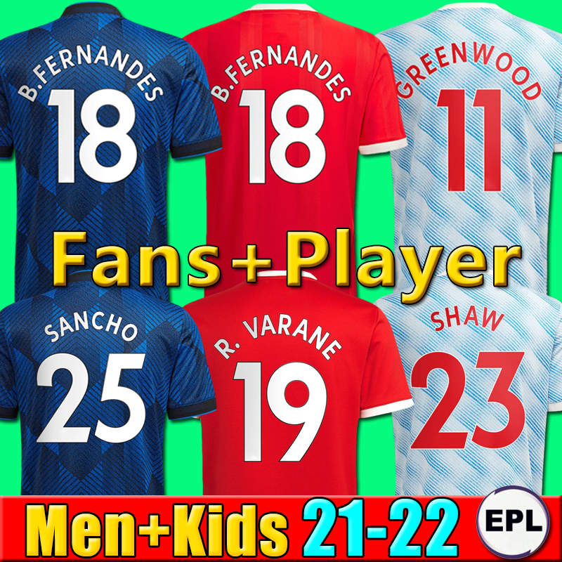 

21 22 SANCHO Manchester soccer jersey UNITED Fans Player version MAN BRUNO FERNANDES LINGARD POGBA RASHFORD R.VARANE football shirt UTD 2021 2022 men kids kit uniform, P05 21 22 third
