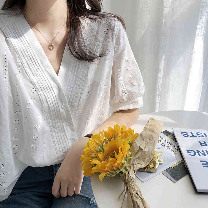 

Women's Blouses & Shirts Lamtrip Crochet Hollow Out Lace Embroidery V-Neck Oblique Placket Short Sleeve Shirt Chic Blouse Female 2, White