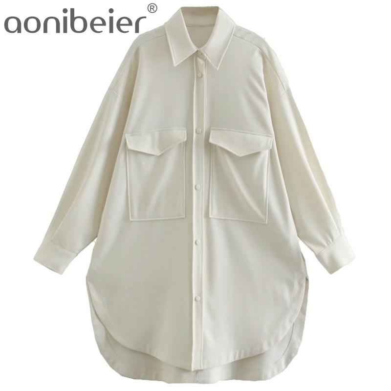 

Elegant Women Solid Long Shirts Fashion Ladies Turn Down Collar Tops Streetwear Female Chic Pocket Oversize Blouses 210604, Cream