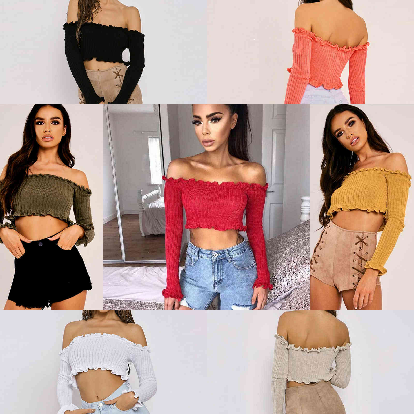 

Women' T-Shirt Summer Women Sweaters Sexy Off Shoulder Crop top Sweater Pull Femme Short Casual Slim Pullover Knitted Jumper SKMX, 8#