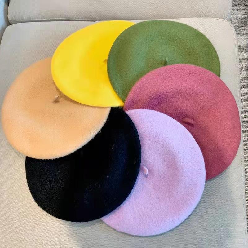 

Berets 2021 Monochrome Ladies Beret Autumn And Winter Wool Candy Color Girl Painter Hat Fashion Warm Walking Artist, 15