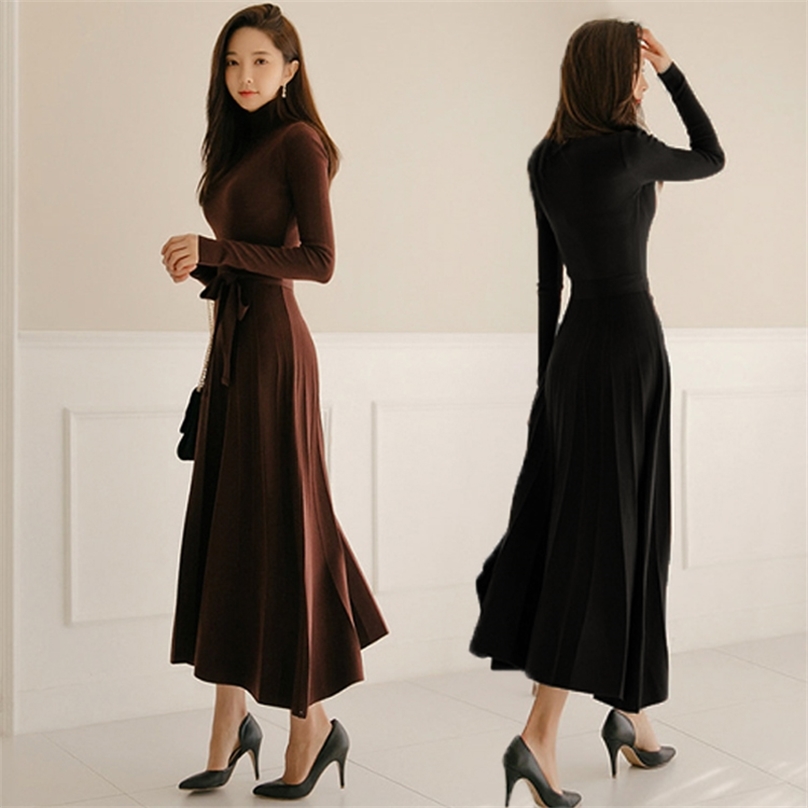 

Autumn han edition cultivate one' morality with render a turtle neck long knitting dress knee hair 210602, Wine red