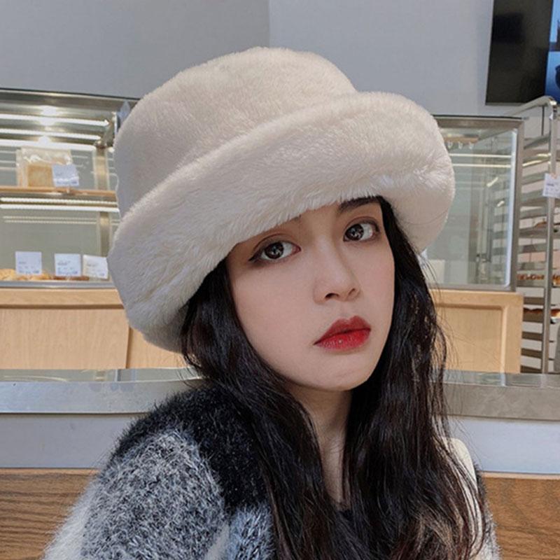 

Berets Women Bucket Hat Winter Faux Fur Thick Warm Plush Fisherman Style Wild Fashion Ear Protection Comeforble, Black