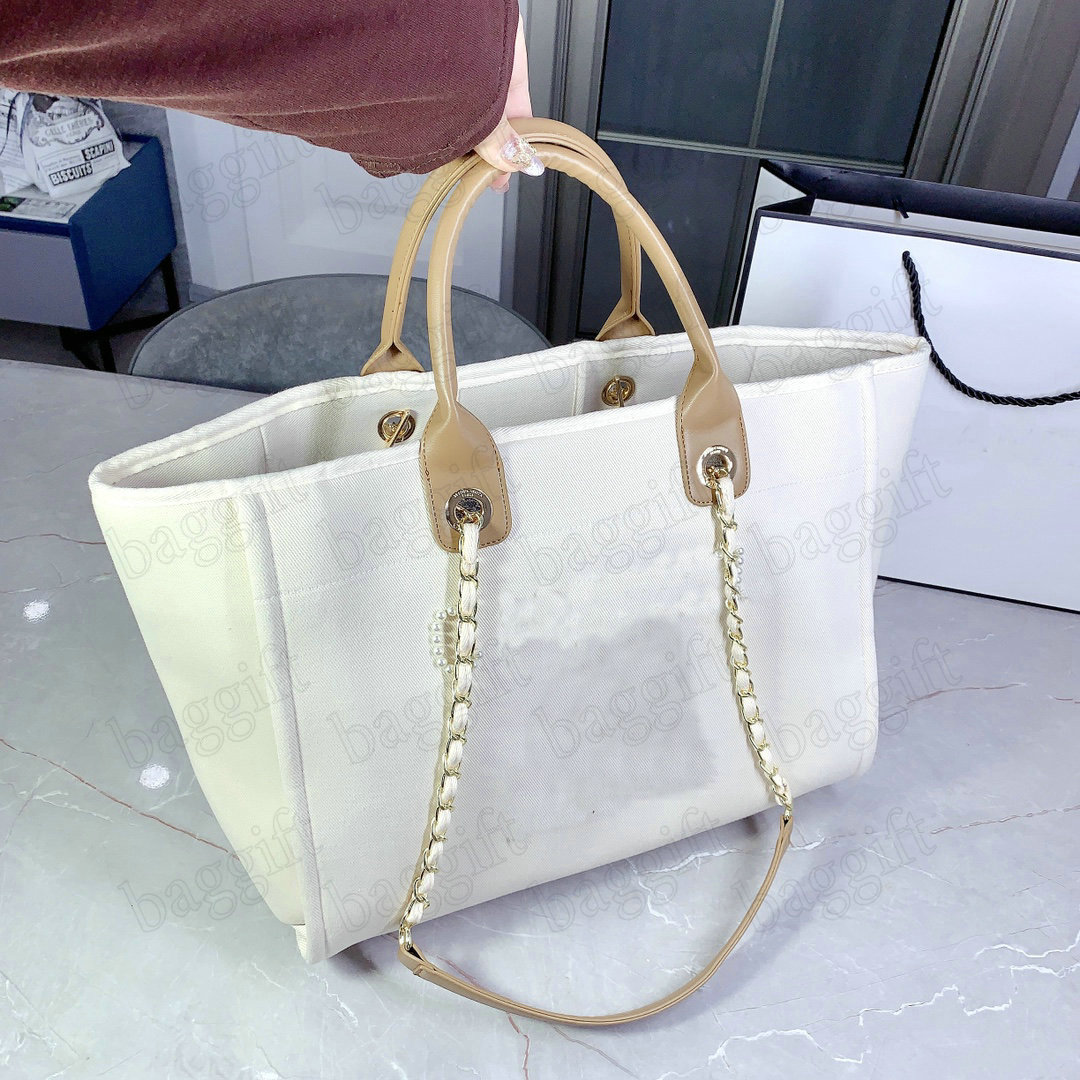 

Classic Deauville Pearl Canvas Tote Bag Ecru XL Large Cream Beige Designer Shopping Bag Leather Chains Handbag Brand Luxurys Womens bags Ove