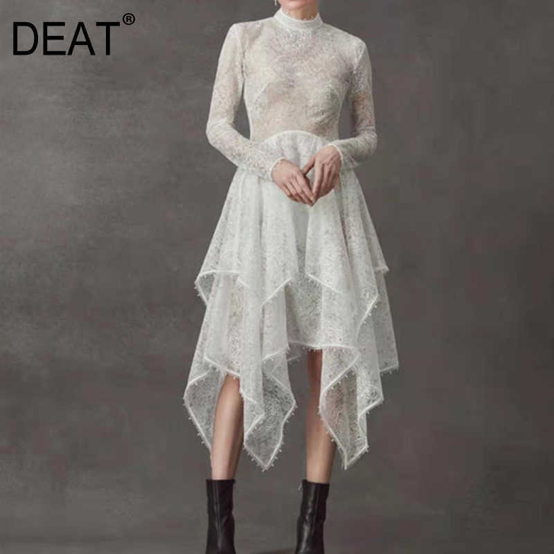 

DEAT Spring And Summer Fashion Casual Temperament High Waist Irregular White Lace Medium Length Dress Women 210527