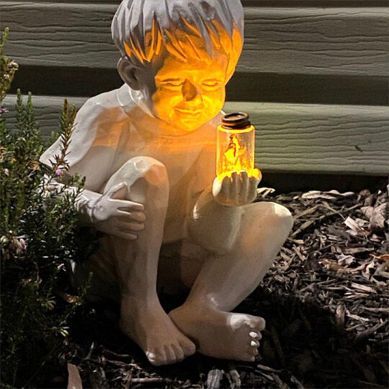 

Kid With Solar Fireflies Garden Statue Resin Jar Boy Girl Whimsical Flowerbed Yard Outdoor Sculpture Decor Decorations
