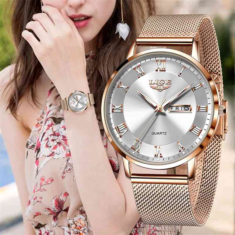 

LIGE Women's Watches Top Brand Luxury Ultra-Thin Watch Fashion Ladies Clock Stainless Steel Waterproof Watch Calendar Wristwatch 210720, Leather gold blue