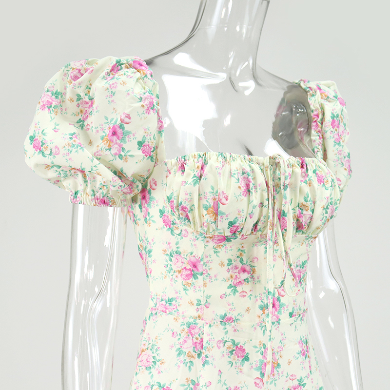 

2021newasia vintage floral dress women summer square collar puff sleeve long dress off shoulder side split a-line dress 2021, Black;gray