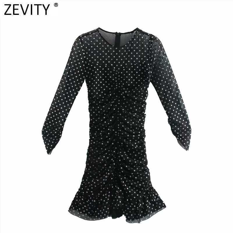 

Zevity Women Sexy Sequined Dots Slim Pleated Mesh Dress Female Three Quarter Sleeve Chic Vestido Back Zipper Clothes DS4913 210603, As pic ds4913o