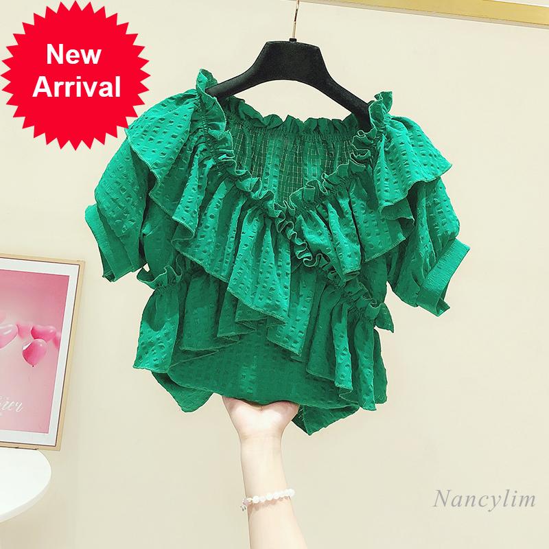 

Women's Blouses & Shirts Green Blouse Women Summer 2021 Korean Style Off-Shoulder V-Neck Shirt Lady Casual All-Match Pleated Cross Ruffle To, White