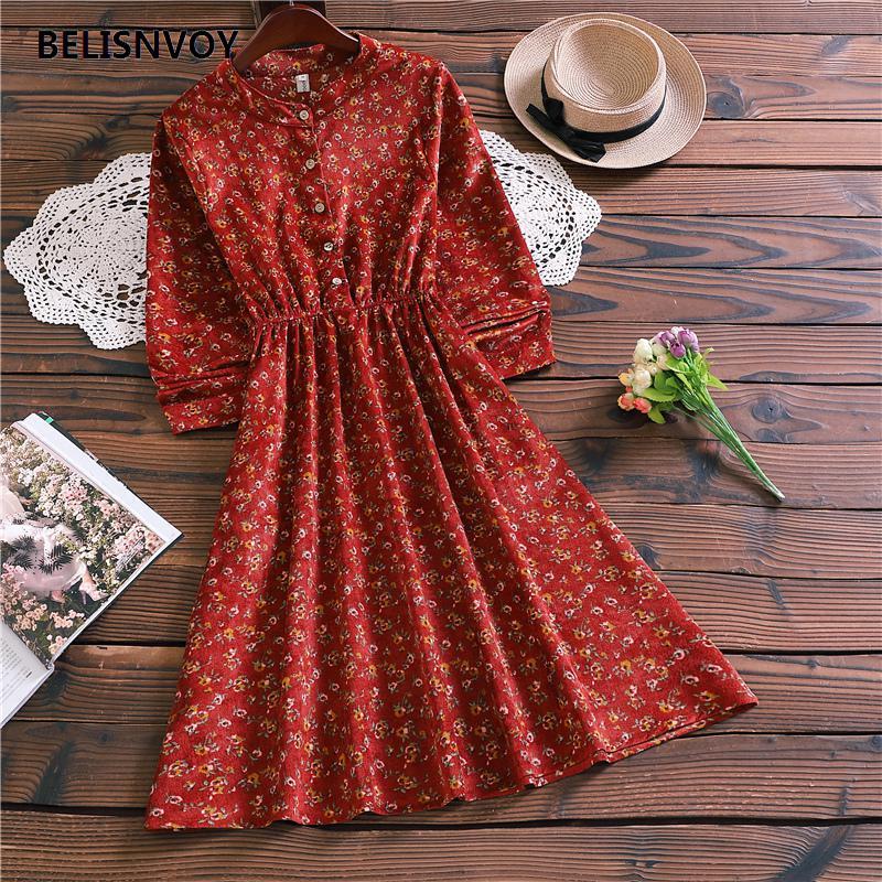 

Casual Dresses Mori Girl Winter Women Sweet Dress Stand-up Collar Floral Print Prairie Chic Elegant Corduroy Midi Red Vestidos, Black;gray