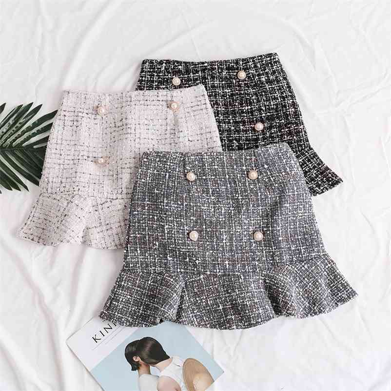 

Luxury Style Autumn Winter Fashion Women All-match Tweed Button Design Casual Skirt Yong Lady Skirts 210519, Gray