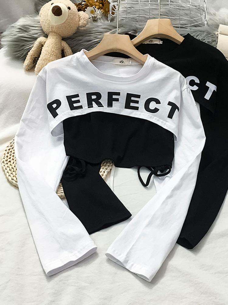 

Women' T-Shirt High Street Fashion T Shirts Women 2021 Spring Summer Long Sleeve False Two Piece Female Crops Tops  M L XL, Black
