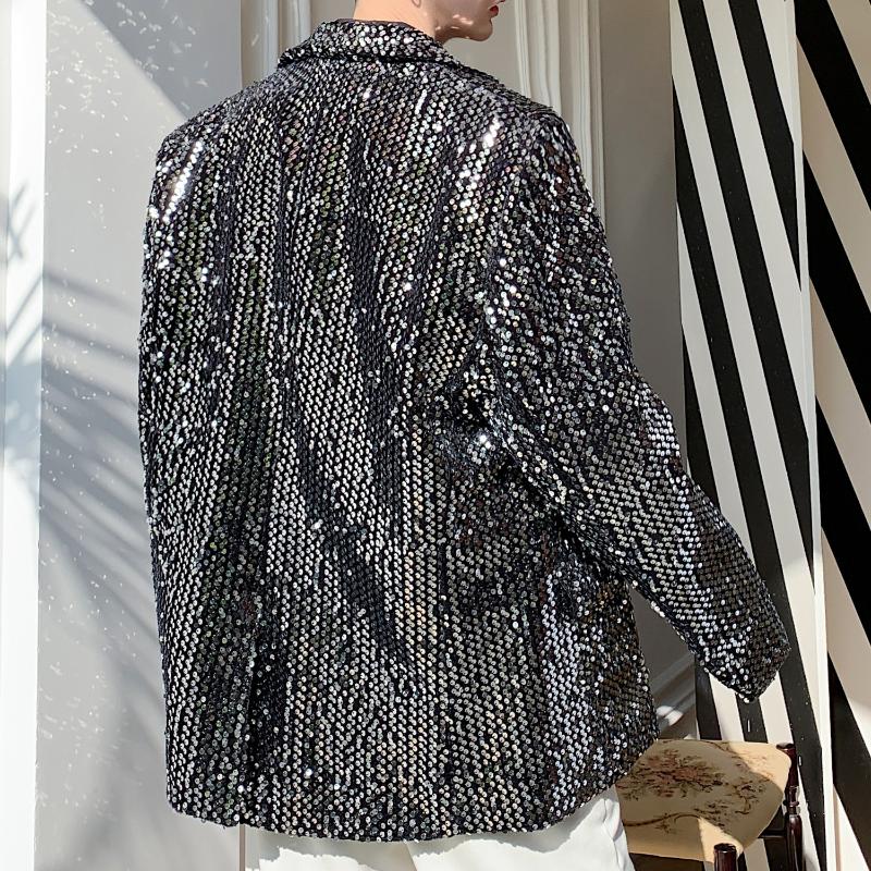

Men's Suits & Blazers Sequin Blazer Hombre Stage Show Jacket Outerwear Men Sequins Casual Suit Overcoat Male Silver Paillette, Black