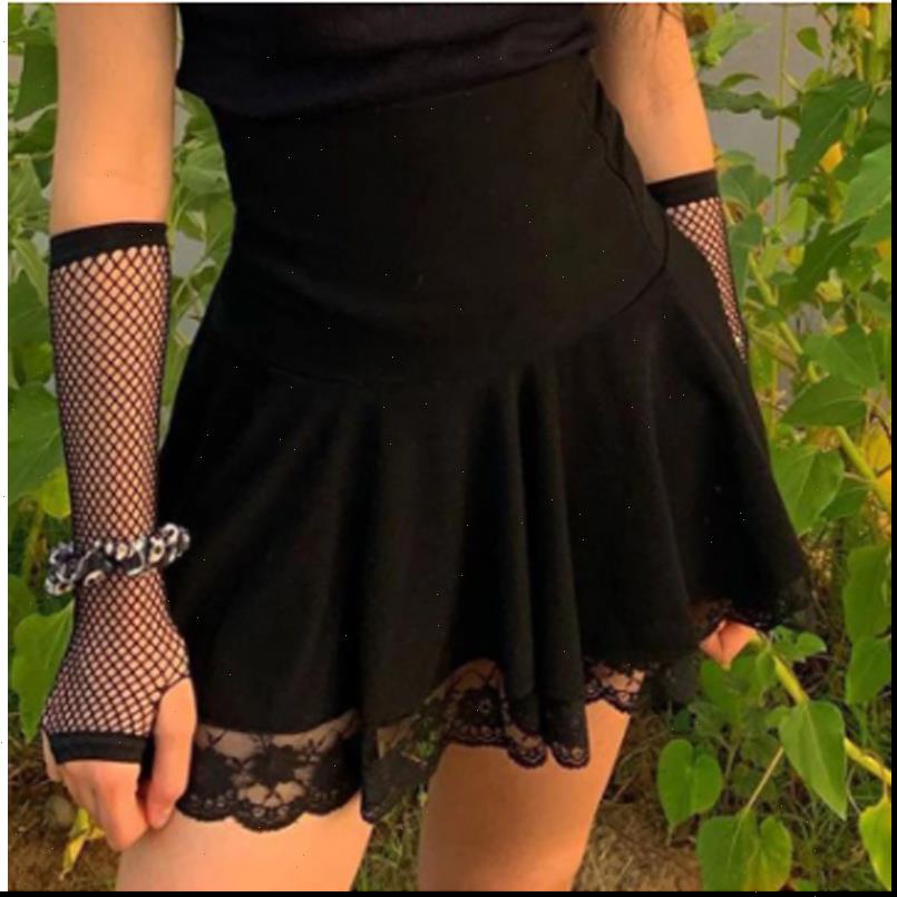 

A Line Gothic Black Lace Womens Skirt Edge High Waist Pleated Punk Style Vintage Party Sexy Ladies Mini Clubwear