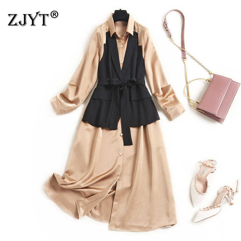 

Europe Style Fashion Spring Robe Designers Women Full Sleeve Color Block Shirt Dress Casual Office Vestidos 210601, Khaki