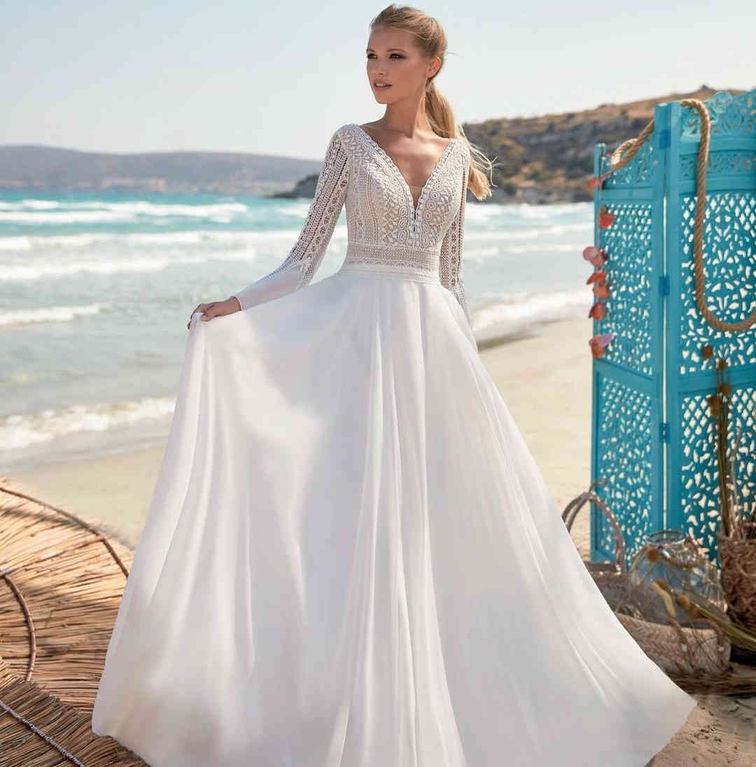Long Sleeve Lace Wedding Dres V-Neck Floor length Boho Bohemian Bridal Gown Chiffon Simple Beach Vintage For Women Brides Cheap-image-688513145