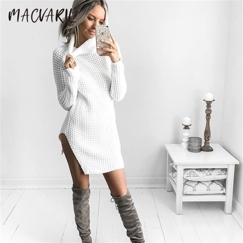 

Women Dress Knitted Autumn Maxi Winter Pull Turtleneck Sweater Tunic Vintage Long Sleeve Warm Casual Clothes 211109, Pink